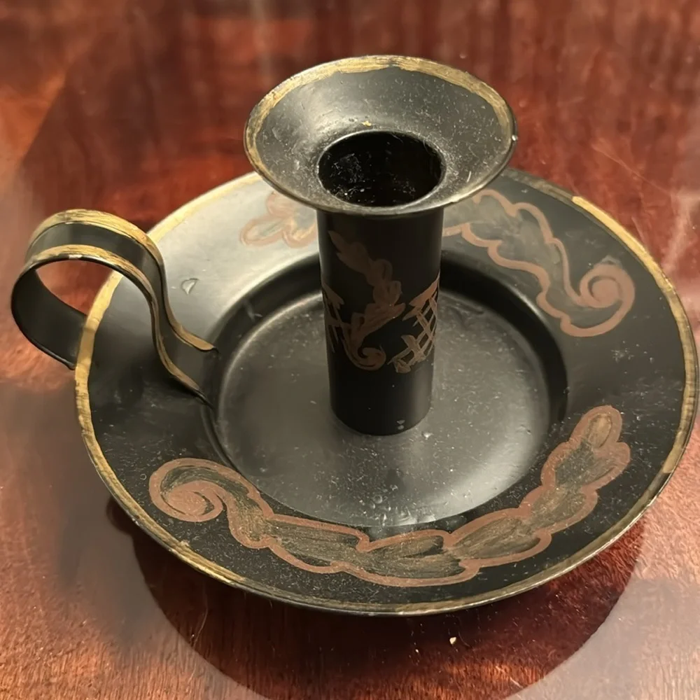 Centrum Company Vintage Black Painted Metal Tapered Candle Holder w Handle